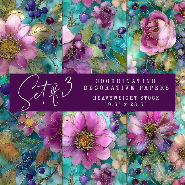 LILA BLUMENDEKORATIVES PAPIER-SET GESCHENKPAPIER SET (STAINED GLASS PURPLE FLORAL DECORATIVE PAPER SET)