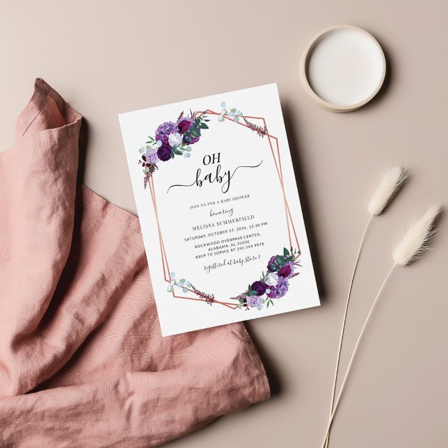 Lila Blumendusche Gold Geometric Baby Dusche Mitteilungskarte (Von Creator hochgeladen)