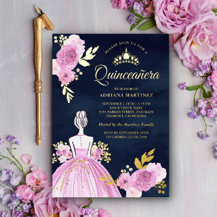 Lila Blumene Kleid Prinzessin Navy Quinceanera Gol Folieneinladung