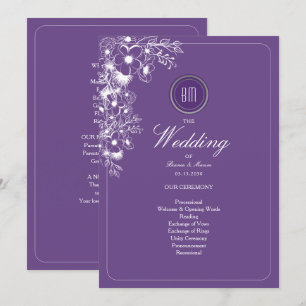 Lila Blumeneinlagen-Monogramm-Hochzeitsprogramm