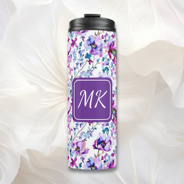 Lila Blumenfarbe Mit Monogramm Thermosbecher (Von Creator hochgeladen)