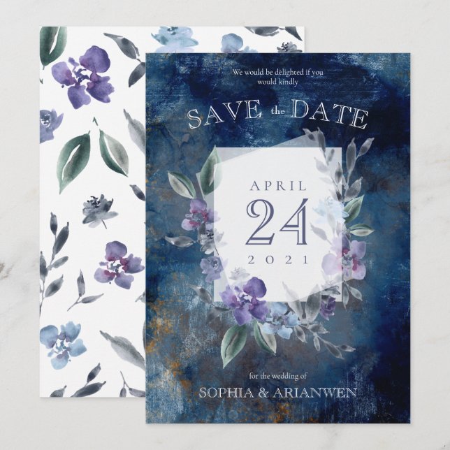 Lila Blumengarten Einladung zur Hochzeit (Vorne/Hinten)