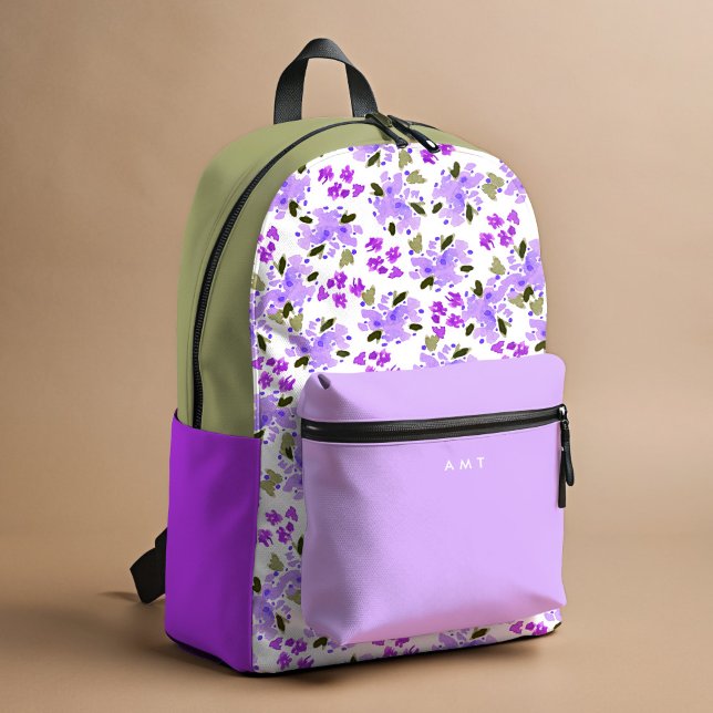Lila Blumengarten Personalisierter Name Bedruckter Rucksack (Purple and green watercolor Floral Garden personalized school backpack.)