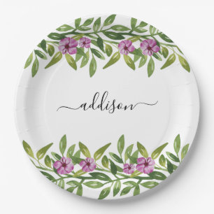 Lila Blumengärten und Typografie Pappteller