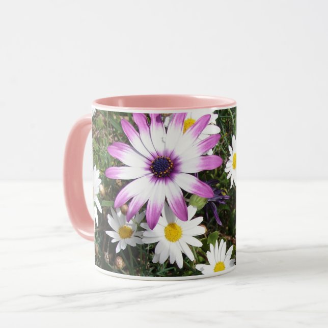 Lila Blumengarten Weiße Daisy Botanischer Frühling Tasse (Vorderseite Links)