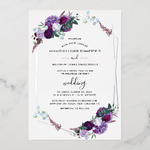 Lila Blumengeometrische Blatt-Hochzeit Silber Folieneinladung