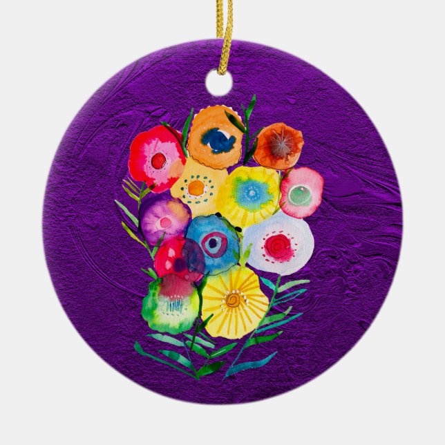 Lila, blumengeschmückte Blume Keramik Ornament (Vorne)