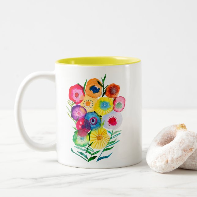 Lila, blumengeschmückte Blume Zweifarbige Tasse (Mit Donut)