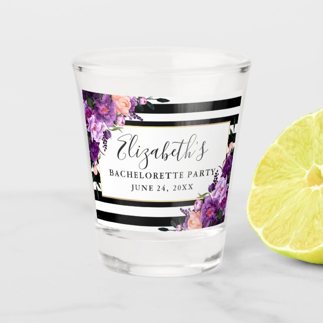 Lila, blumengestreifter Junggeselinnen-Abschied Schnapsglas (Vorderseite)