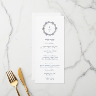 Lila Blumengewinde-Monogramm-Hochzeitsmenükarte Menükarte