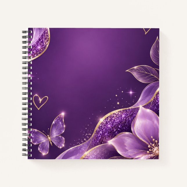 Lila Blumenglitzer Spiralblock  Notizbuch (Vorderseite)