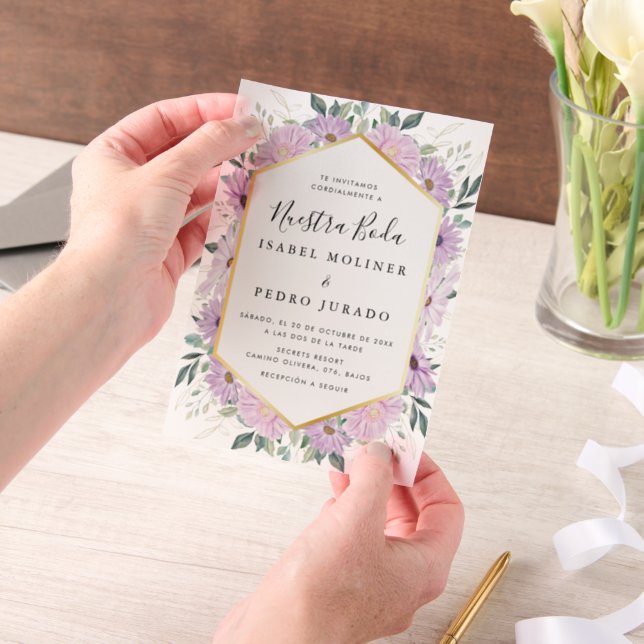 Lila Blumengolden-Blätter Nuestra Boda Wedding (Handgehalten)