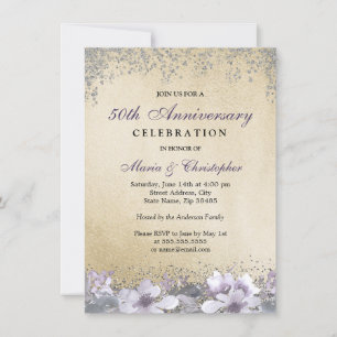 Lila Blumengoldene 50. Hochzeitstag-Einladung Einladung