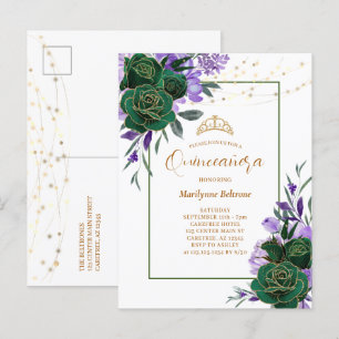 Lila Blumengoldene Quinceañera-Einladung Postkarte