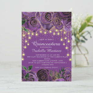 Lila Blumengoldene String-Lichter Sterne Quinceañe Einladung