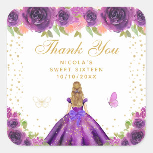 Lila Blumengoldhaar Prinzessin Sweet Sixteen Quadratischer Aufkleber