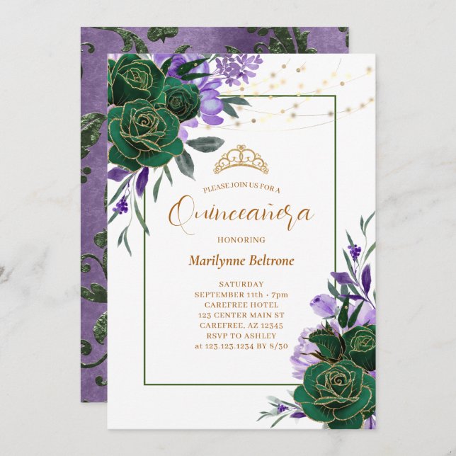 Lila Blumengoldquinceañera Einladung (Vorne/Hinten)