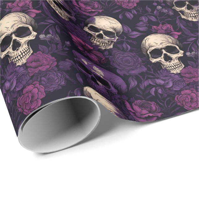 Lila Blumengoth Skull Halloween Geschenkpapier (Rolleneckpunkt)