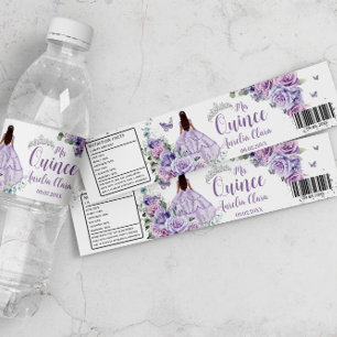 Lila Blumengräfin Silber Quinceañera Quince  Wasserflaschenetikett