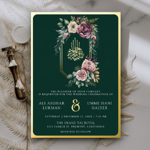 Lila Blumengrat Smaragd Muslimische Hochzeit Gold Folieneinladung