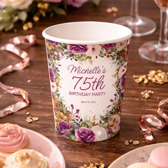Lila Blumengrün-Blätter 75. Geburtstag Pappbecher (Purple and blush pink watercolor floral 75th birthday party paper cups)