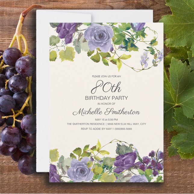 Lila Blumengrün-Blätter 80. Geburtstag Einladung (Purple floral and green vines 80th birthday party invitation)