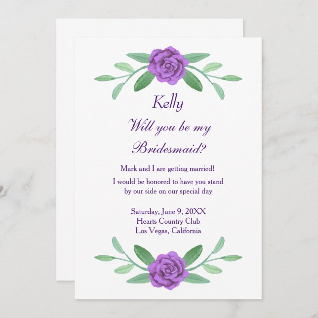 Lila Blumengrün Foliage Bridesmaid Card Einladung (Vorne/Hinten)
