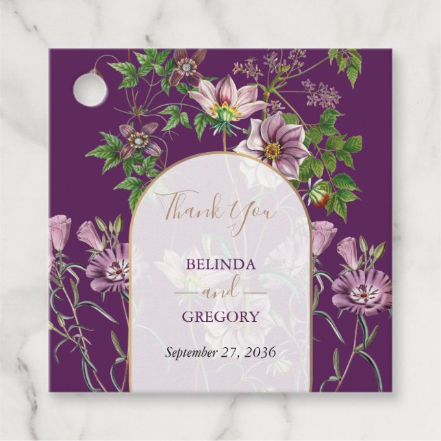 Lila Blumengrün Goldmedaille Hochzeit Geschenkanhänger (Vorderseite)