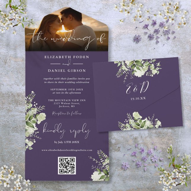 Lila Blumengrün QR Code Hochzeitskode Foto All In One Einladung (Purple Floral Greenery QR Code Wedding Photo All In One Invitation)