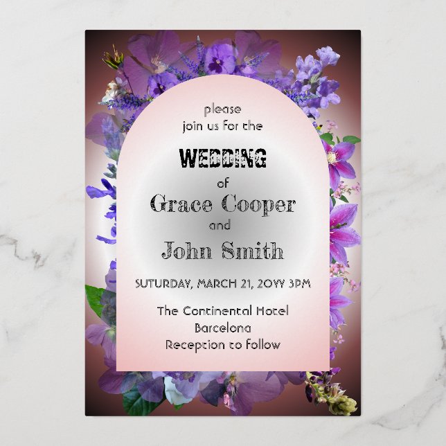 Lila Blumenhochzeit Folieneinladung (Vorderseite)