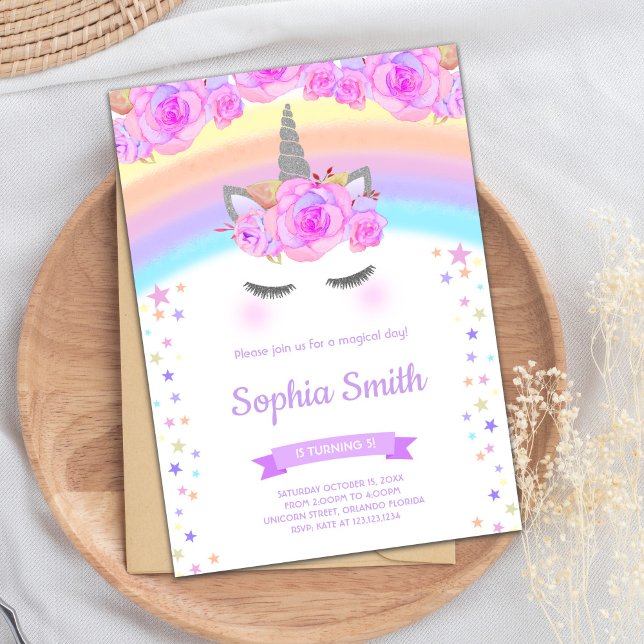 Lila Blumenhorn Einladung zum Geburtstag (Purple Floral Unicorn Birthday Invitations)