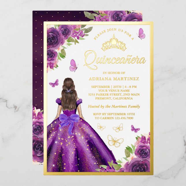 Lila Blumenkleid Butterfly Quinceanera Gold Folieneinladung (Vorderseite/Rückseite)