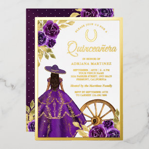 Lila Blumenkleid Charro Quinceanera Gold Folieneinladung