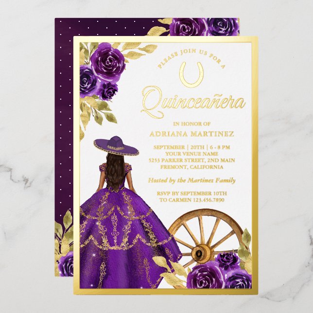 Lila Blumenkleid Charro Quinceanera Gold Folieneinladung (Vorderseite/Rückseite)
