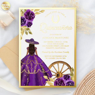 Lila Blumenkleid Charro Quinceanera Gold Folieneinladung
