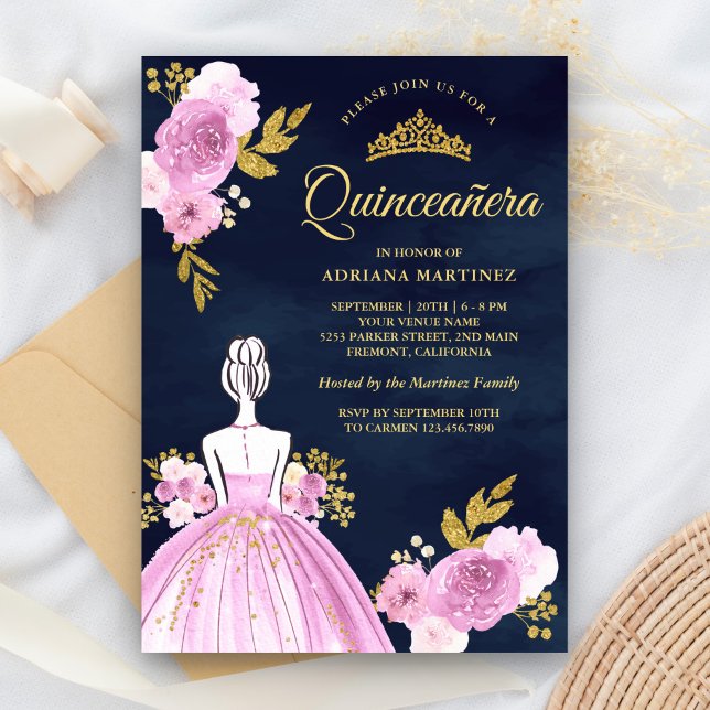 Lila Blumenkleid Navy Blue Gold Quinceanera Einladung (Von Creator hochgeladen)