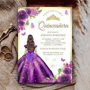 Lila Blumenkleid Schmetterling Gold Quinceanera Einladung