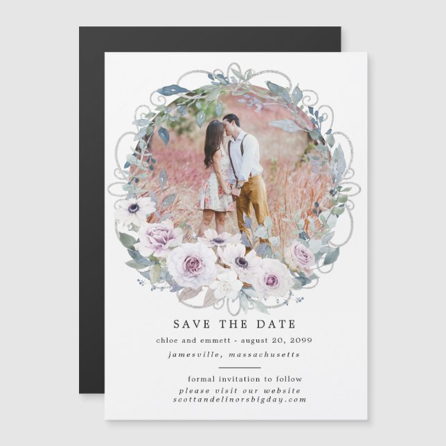 Lila Blumenkranz Save the Date Magnetkarte Magneteinladung (Vorne/Hinten)