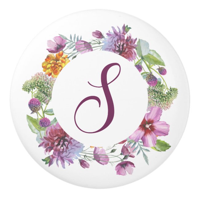 Lila Blumenkreislaufmonogramm Keramikknauf (Vorderseite)