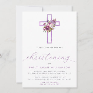 Lila Blumenkreuz Modernes Drehbuch Christening Einladung