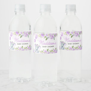 Lila Blumenlephant Babydusche Wasserflaschenetikett