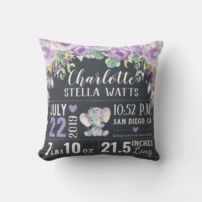 Lila Blumenlephant New Baby Girl Birth Stats Kissen (Vorderseite)
