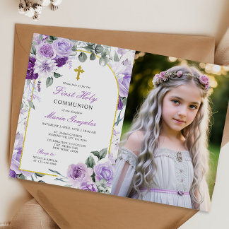 Lila Blumenmädchen Erste Heilige Kommunion Foto Einladung