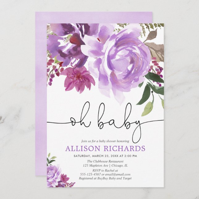 Lila Blumenmädchenbabydusche, Sommerfrühling Einladung (Vorne/Hinten)