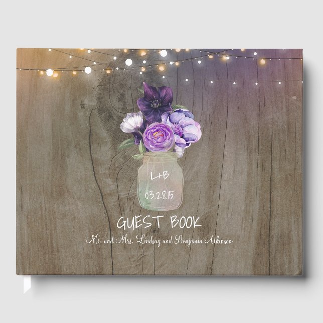 Lila Blumenmason Jar Rustikale Hochzeit Gästebuch (Vorderseite)