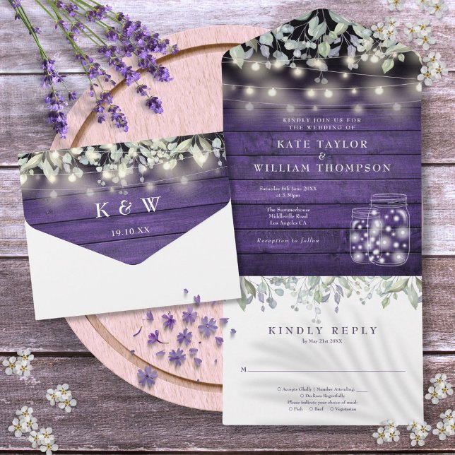 Lila Blumenmason Jars Lights Monogram Wedding All In One Einladung (Purple Floral Mason Jars Lights Monogram Wedding All In One Invitation)