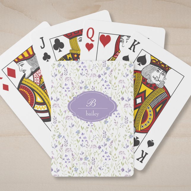Lila Blumenmonogramm Klassische Spielkarten (personalized cottagecore purple blue floral pattern monogram cards)