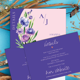 Lila Blumenmonogramm Rosa Hochzeitsdetails Begleitkarte