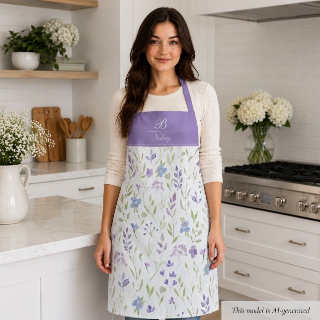 Lila Blumenmonogramm-Schürze Schürze (pretty purple blue wildflower floral apron with elegant monogram in script calligraphy)