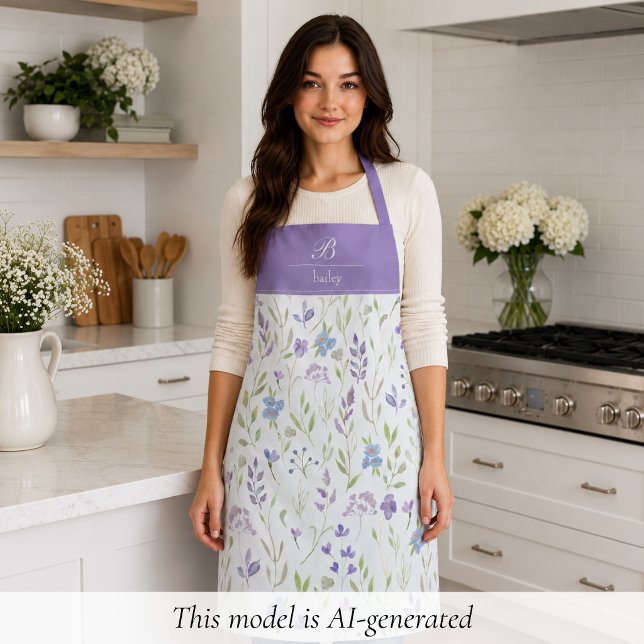 Lila Blumenmonogramm-Schürze Schürze (pretty purple blue wildflower floral apron with elegant monogram in script calligraphy)